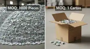 Side-by-side image showing a large pile of packaged products labeled 'MOQ: 1000 Pieces' and a single open carton labeled 'MOQ: 1 Carton'.