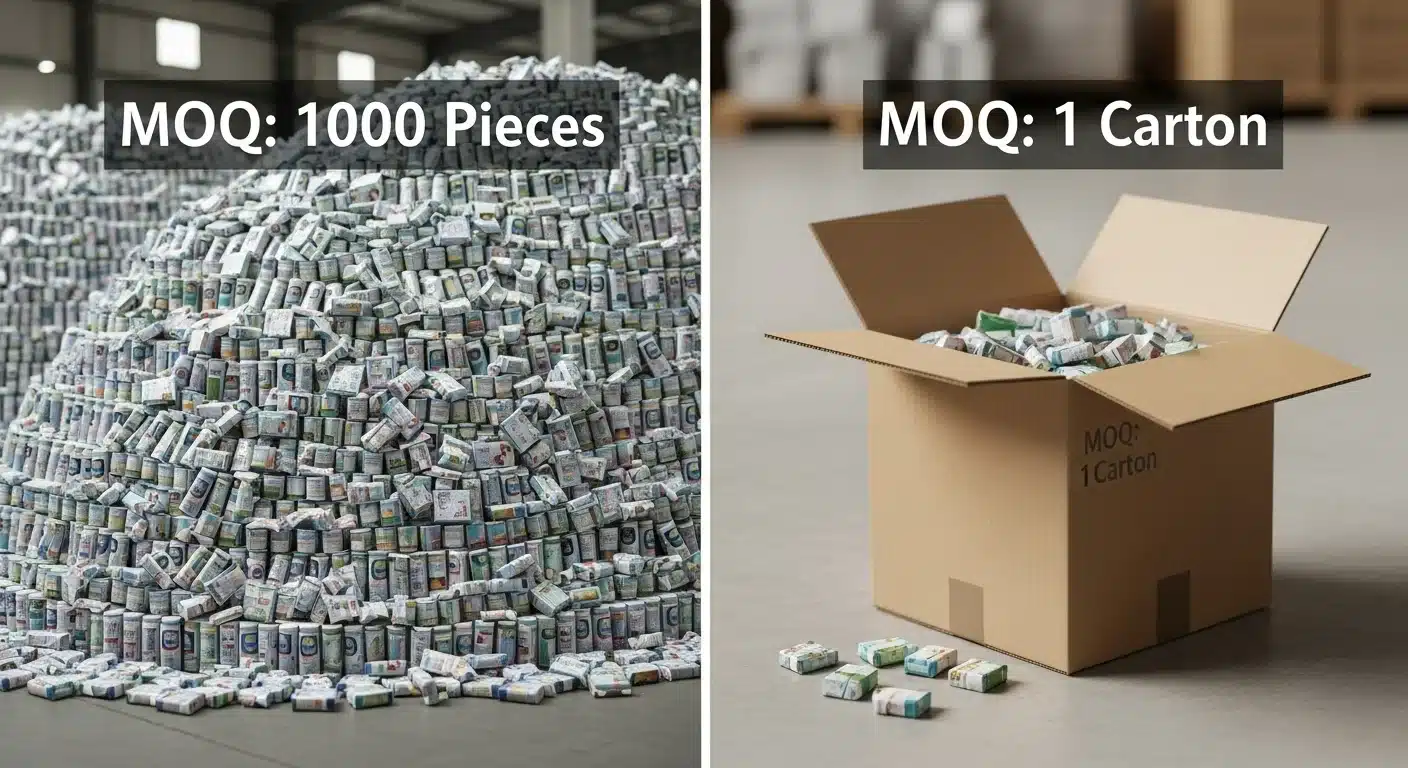 Comparison of a 1,000-piece minimum order quantity against a single-carton minimum order quantity
