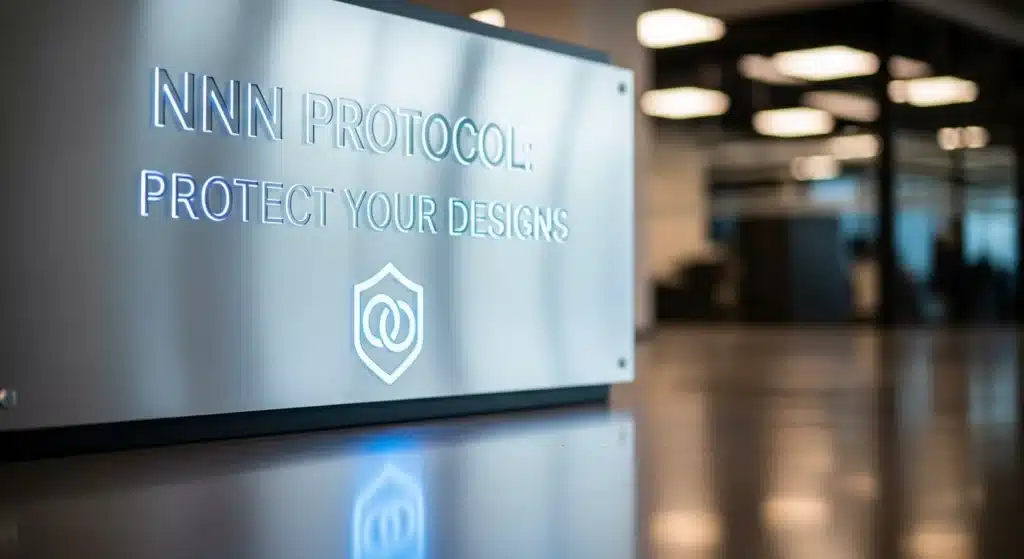 Sign displaying 'NNN Protocol: Protect Your Designs' with a shield symbol in a contemporary office environment.