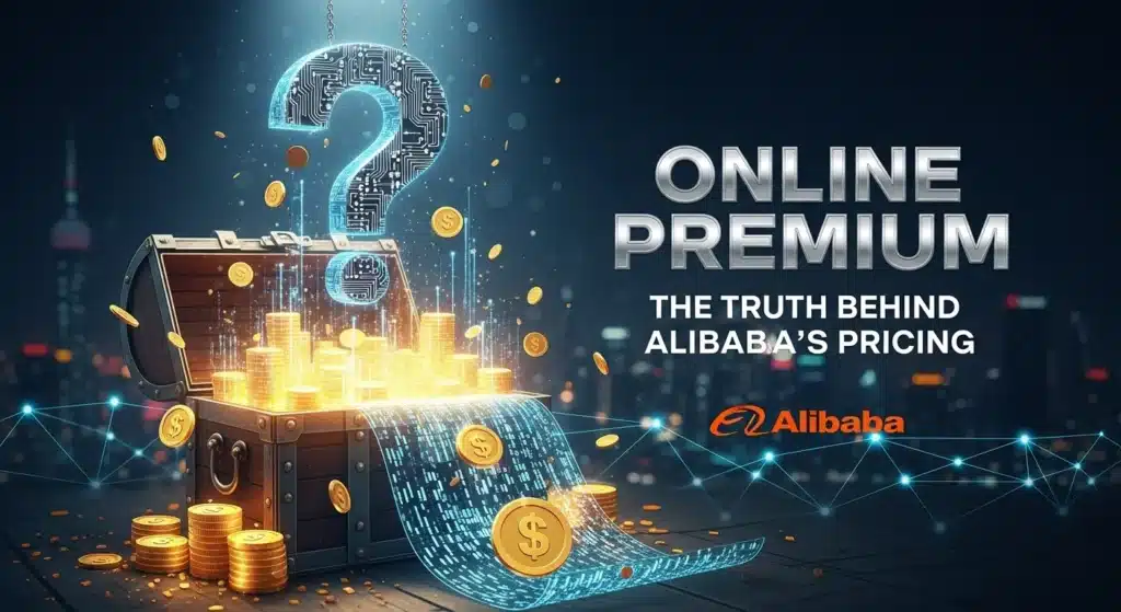 Illustration of treasure chest with gold coins and digital graphics, highlighting online premium pricing and Alibaba logo.