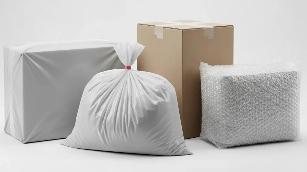 Different packaging materials including a cardboard box, a sealed bag, a wrapped box, and bubble-wrapped package on a plain background.