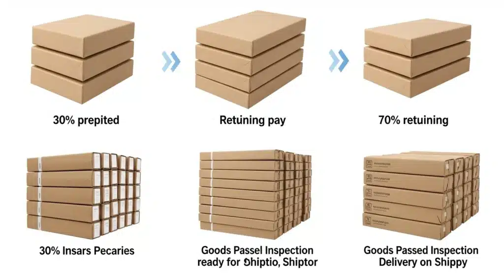 Image showing stages of package preparation, inspection, and readiness for delivery, with labeled cardboard boxes at each stage.