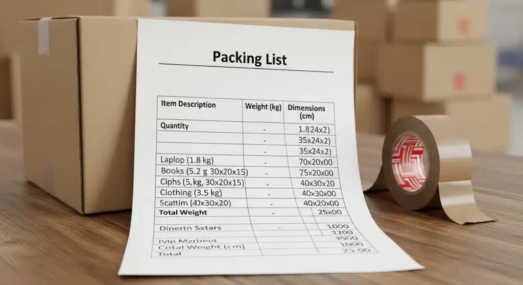 Packing list showing item descriptions and dimensions next to a cardboard box and packing tape on a wooden surface.