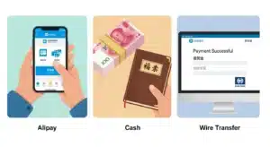 Illustration of three payment methods: Alipay on a smartphone, cash with a ledger, and wire transfer on a computer screen.