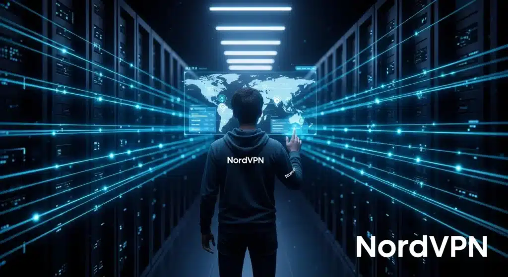 Person standing in a server room, wearing a NordVPN hoodie, interacting with a digital world map display.
