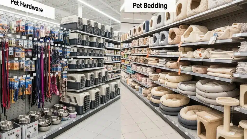 Aisles in a pet store displaying pet hardware like leashes and carriers, alongside pet bedding with cushions and towers.