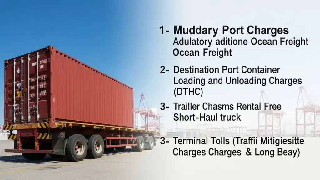 Red container on a trailer at a port with text listing various port charges against a clear blue sky.
