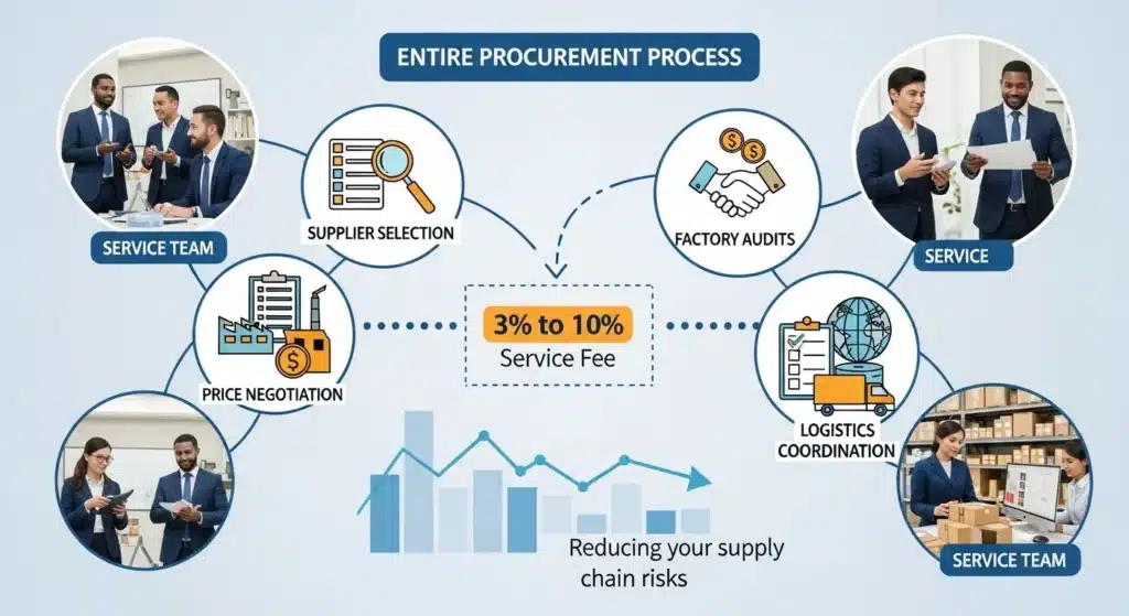 Diagram illustrating the procurement process including supplier selection, factory audits, price negotiation, logistics coordination, and service team interactions.