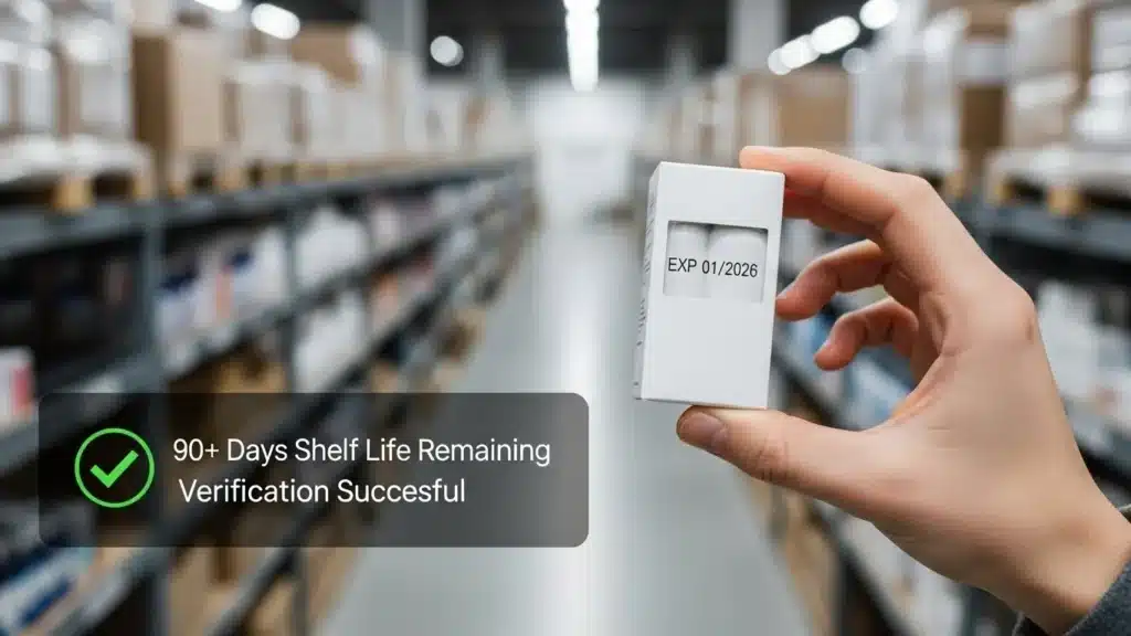 Hand holding a box showing expiration date of January 2026 in a warehouse, with text overlay confirming 90+ days shelf life remaining.