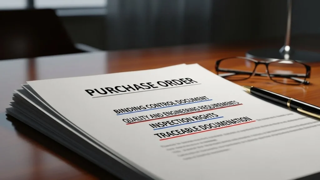 Stack of purchase order documents on a desk with reading glasses and pen, highlighting inspection rights.