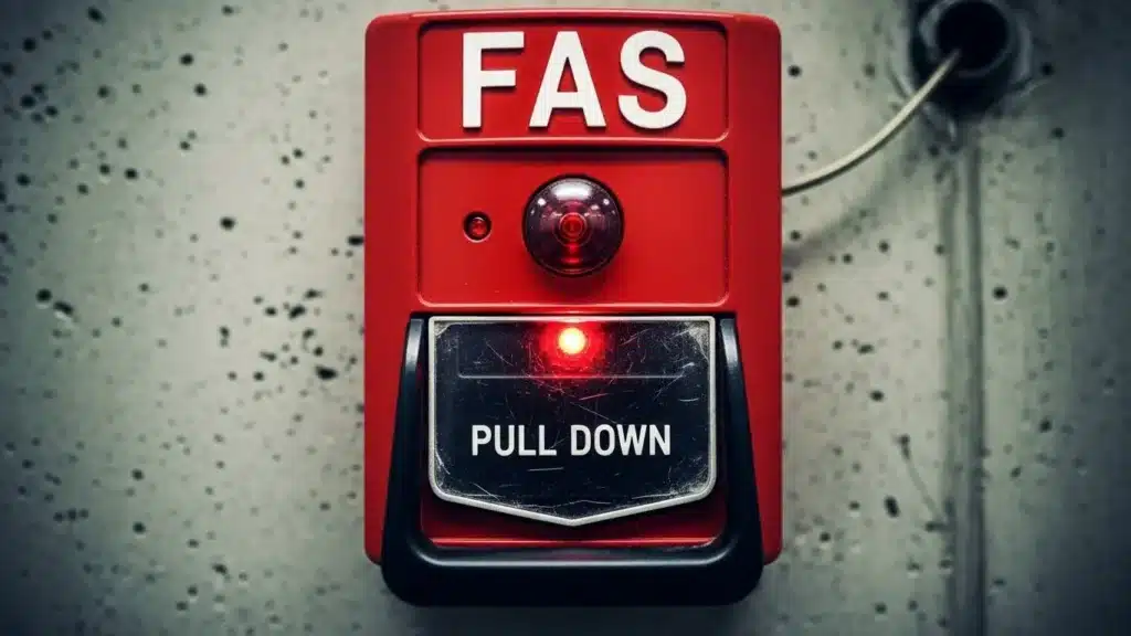 Red fire alarm pull station with 'PULL DOWN' text and flashing light mounted on a concrete wall.