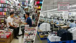 Scene depicting a vibrant retail shop and a busy factory production line. The shop displays various small electronics, while the factory shows organized clothing and footwear production.