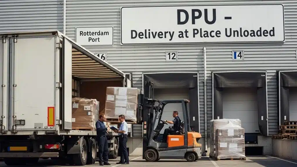 Forklift unloading pallets from a truck at Rotterdam Port with workers facilitating the process.