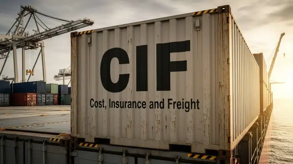 Shipping container with 'CIF Cost, Insurance and Freight' printed, situated at docks with cranes in the background.