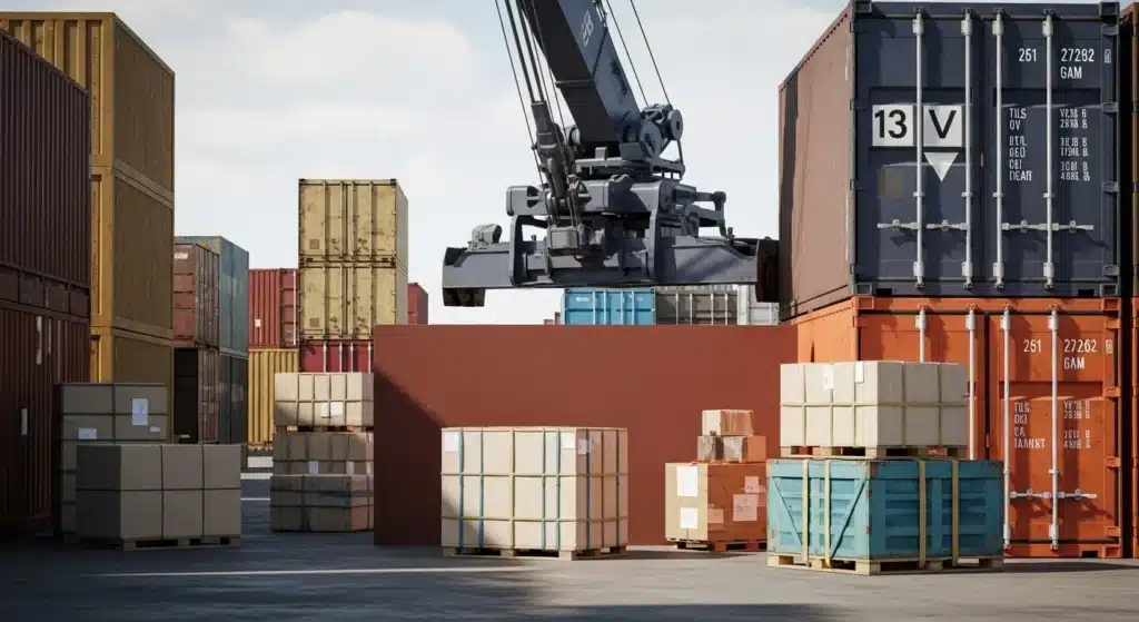 Crane lifting a red shipping container in a busy shipping yard lined with various stacked containers and pallets under a clear sky.
