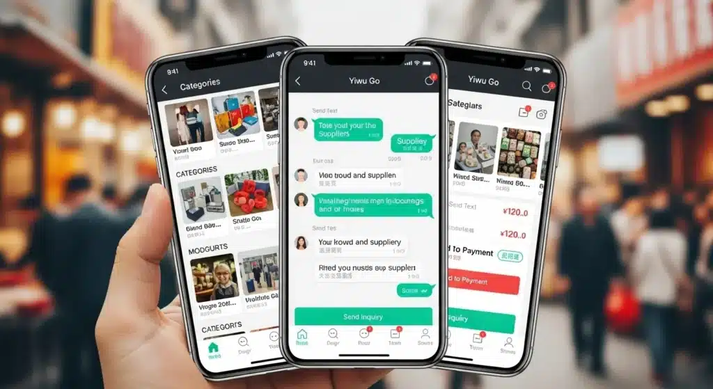 Hand holding three smartphones showing mobile application screens with shopping categories and chat interface.