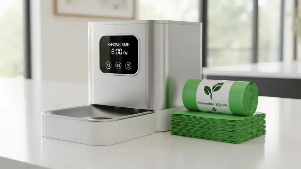 Smart pet feeder with digital display showing feeding time at 6:00 PM, next to a roll of green biodegradable bags on a countertop.