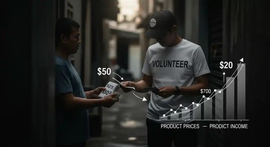 Volunteer in a white t-shirt exchanges items with a person in a blue shirt, overlaid with a graph showing product income and prices.