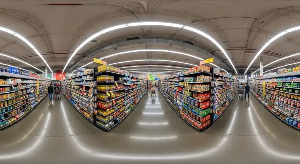 Wide-angle view of a supermarket aisle with various products on shelves and shoppers pushing carts.