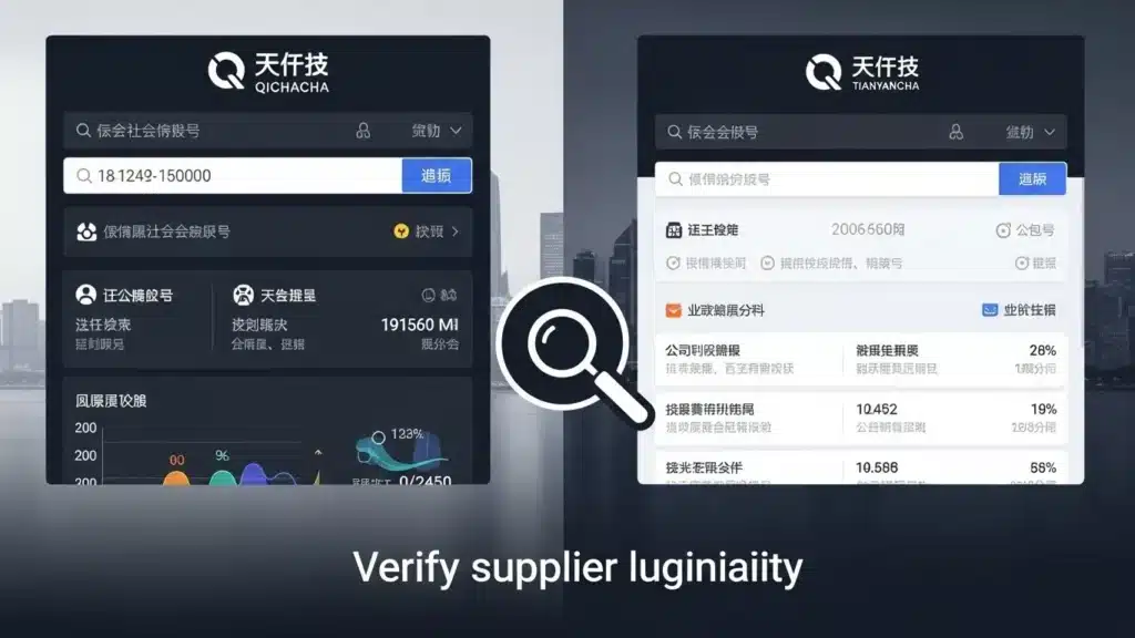 Two panels showing supplier verification tools named Qichacha and Tianyancha with search features and analytics.