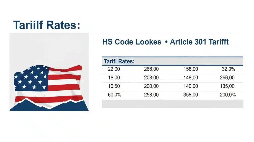 Chart showing various tariff rates alongside a stylized US flag design and text related to HS Code and Article 301.