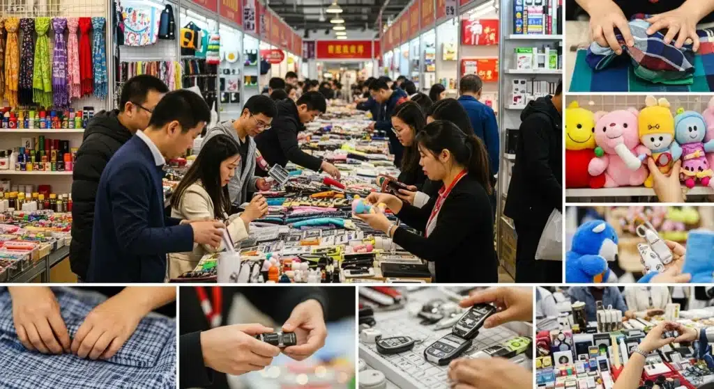Exhibit hall showing a variety of merchandise including toys, textiles, and electronics. People browse and examine products.