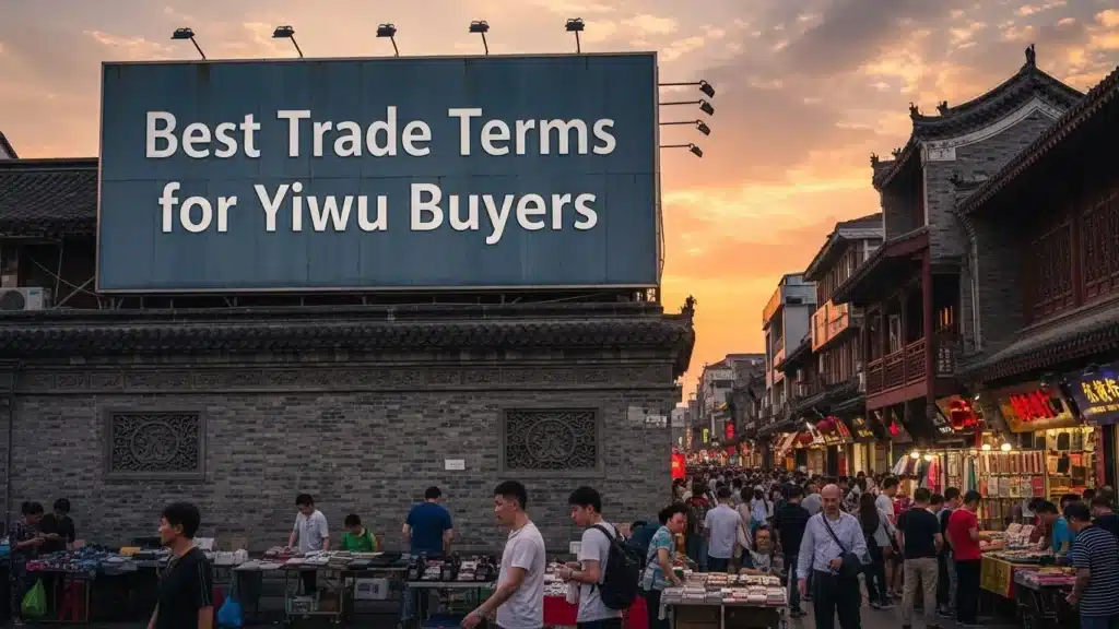 Crowded Yiwu market street with a billboard displaying 'Best Trade Terms for Yiwu Buyers' against a sunset sky.
