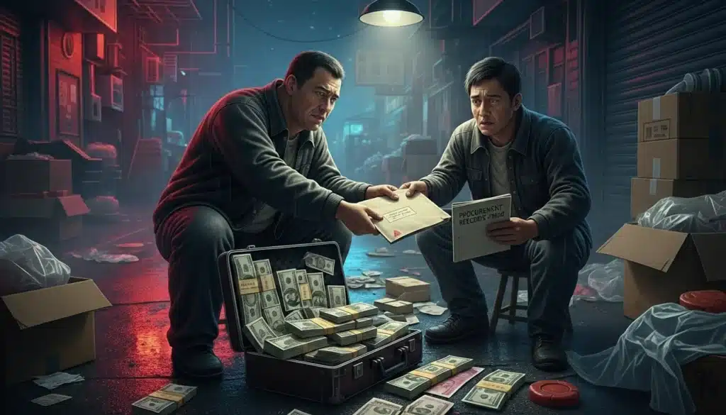 Two people in an alley exchanging a large sum of money, with stacks of cash and a briefcase surrounded by boxes and documents.