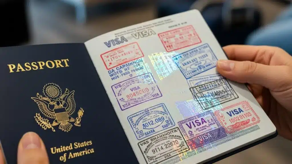 Hands holding a U.S. passport open to pages with various visa stamps visible.