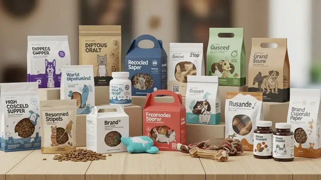 A variety of dog food and treat packages displayed on wooden surfaces, including bags, boxes, and bottles, with playful designs.