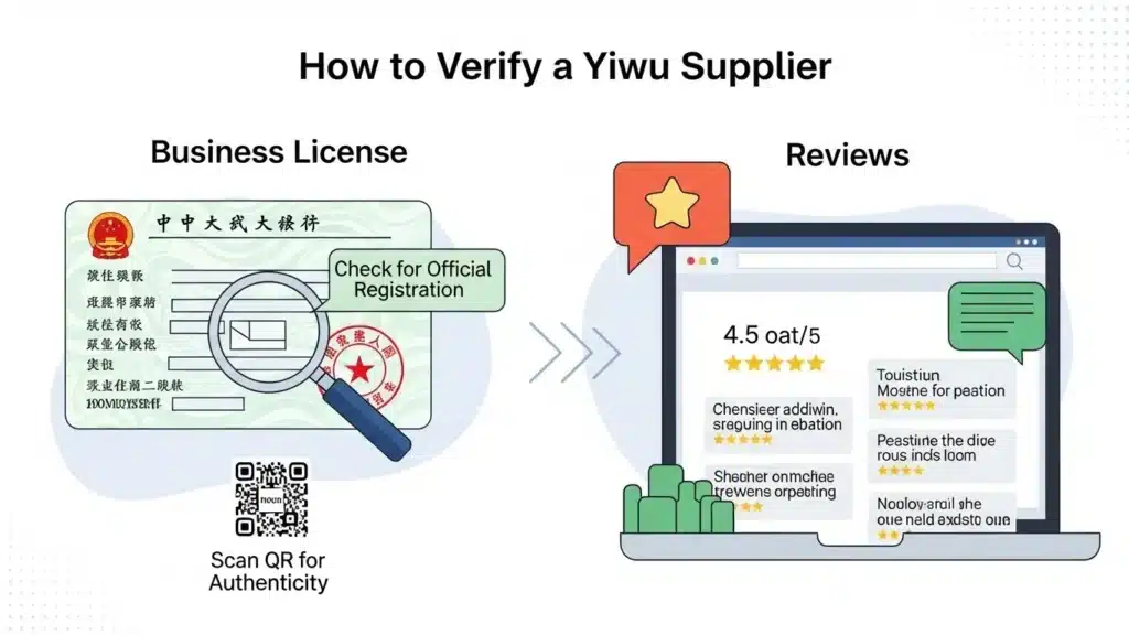 Graphic showing verification of a Yiwu supplier with business license check and reviews.