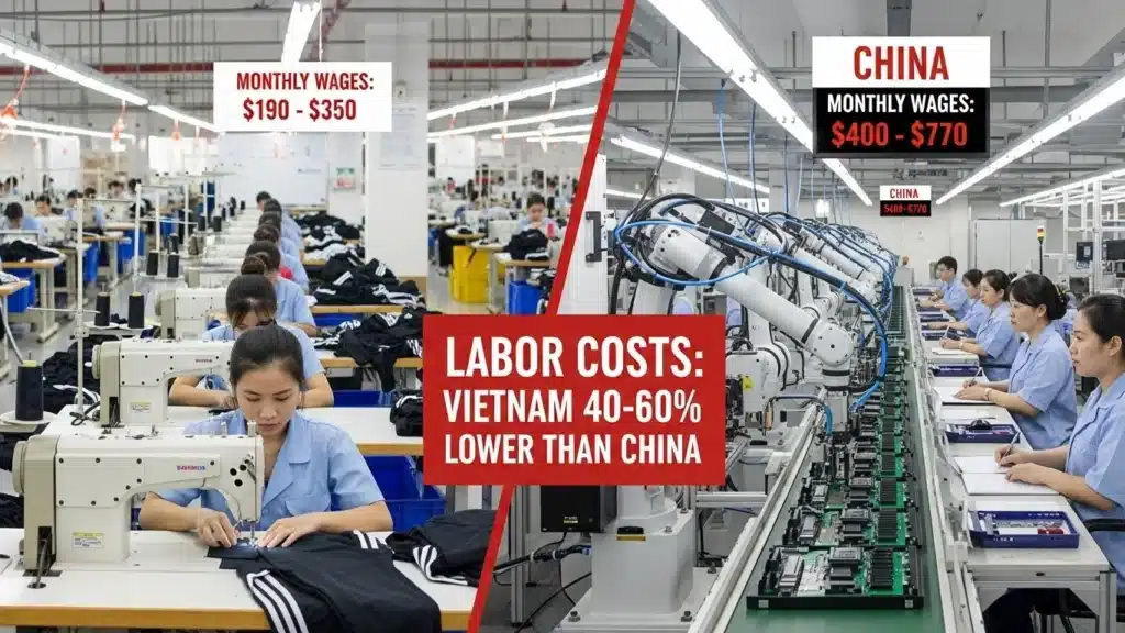 Comparison of labor costs in factories in Vietnam and China, highlighting monthly wages and cost differences between both.