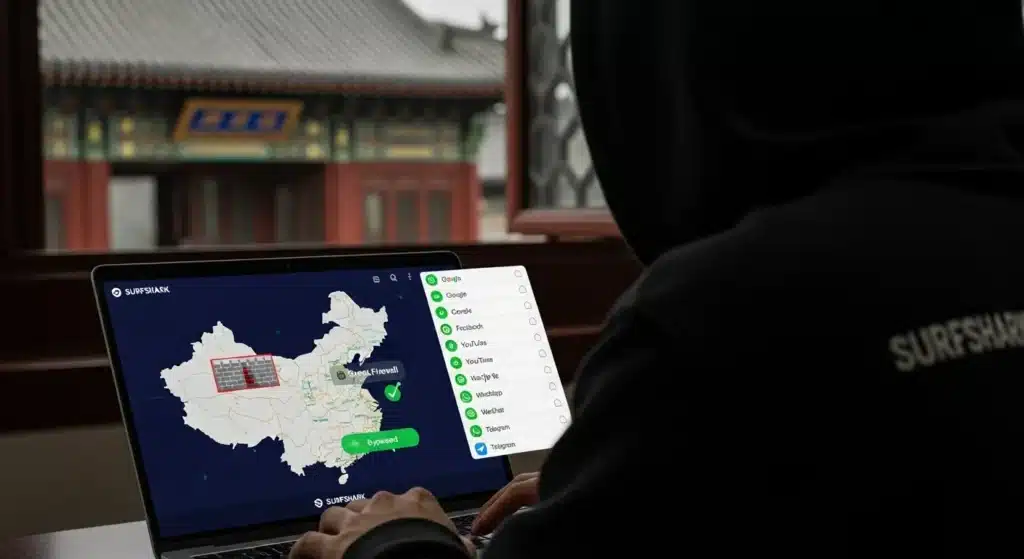 Person in hoodie using laptop with VPN software showing map and firewall bypass, sitting by window with traditional architecture view.