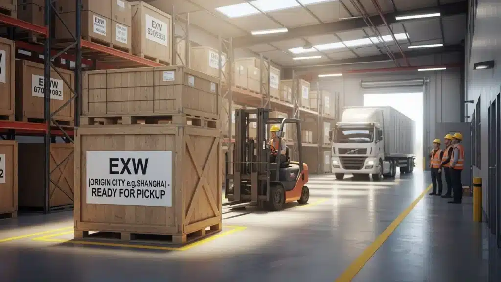 Warehouse interior with forklift loading a large wooden crate labeled 'EXW' onto a truck, while workers observe.