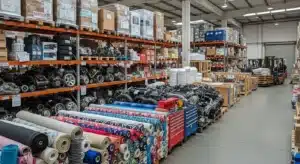 Interior of a large warehouse with diverse items including fabric rolls, automotive parts, and packed boxes on shelves and a forklift in operation.