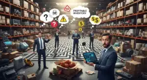 Business professionals in a warehouse managing inventory with thought bubbles depicting risk and profit concerns.