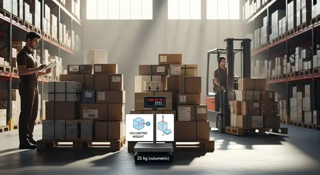 Stacks of boxes in a warehouse, one on a digital scale displaying volumetric weight and a worker using a tablet nearby.