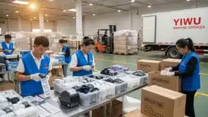 Warehouse employees in blue vests preparing products for shipment with labeled boxes, a forklift, and shipping truck in the background.