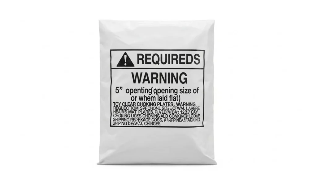 White packaging bag with prominent warning label indicating a 5-inch opening. Includes various cautionary messages about potential hazards.
