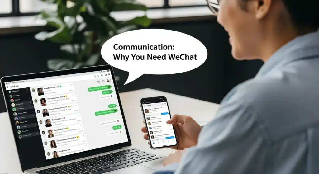 Person using WeChat on a laptop and smartphone showing a conversation interface.