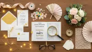 Flat lay of wedding planner supplies including RSVP invitations, a book, magnifying glass, flower bouquet, and decorative items on a wooden table.