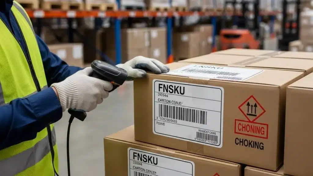 Warehouse worker in a yellow vest scanning a labeled box with a handheld scanner in a distribution facility.