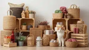 A cat sits among various woven baskets and home decor items including towels, plants, and wooden crates in a cozy setting.