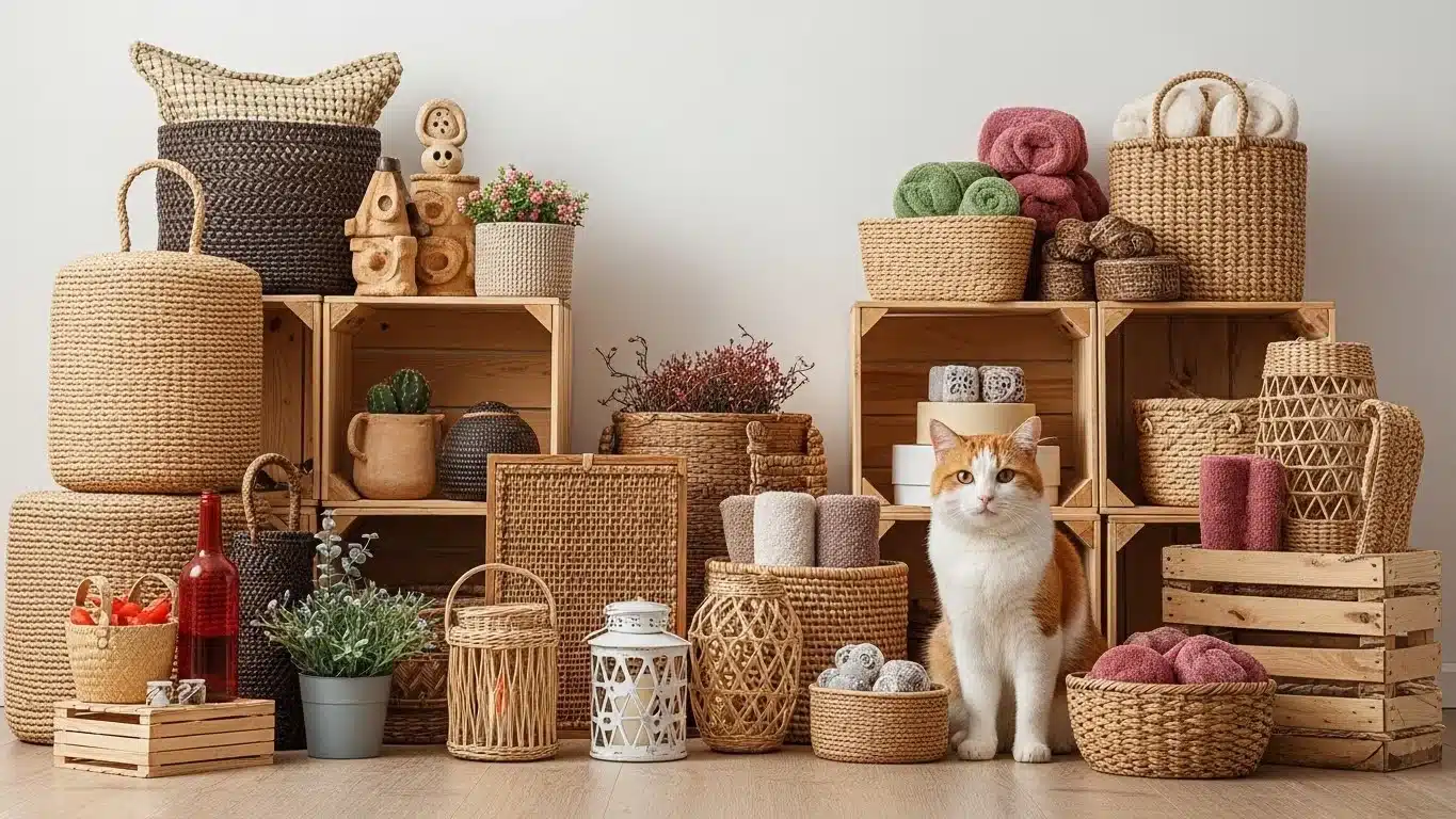 Um gato está sentado entre vários cestos de tecido e artigos de decoração para casa, incluindo toalhas, plantas e caixas de madeira, num ambiente acolhedor.