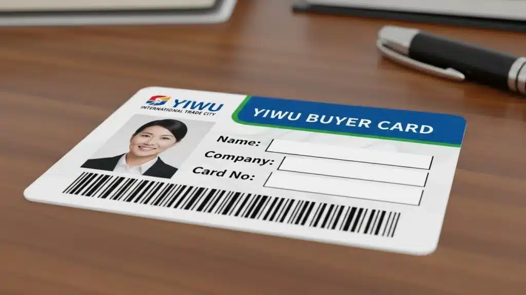 Yiwu buyer card featuring barcode, name section, company details, and card number, positioned on a wooden table near a pen.