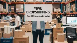 Person holding a sign reading 'Yiwu Dropshipping: Your AliExpress Alternative' in a busy warehouse with boxes and people.