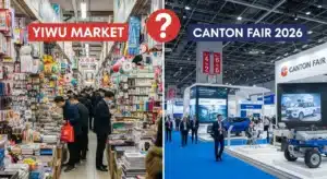 Comparison of Yiwu Market's crowded aisles with merchandise and Canton Fair 2026's spacious exhibition booths featuring technology displays.