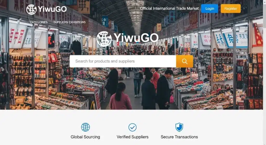 YiwuGO online platform homepage displaying a bustling indoor market with colorful stalls and a search bar interface.