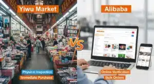 Comparison of shopping at Yiwu Market and Alibaba, showing physical store with products and online shopping on a laptop.