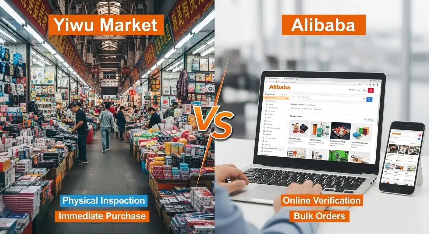 Comparison of shopping at Yiwu Market and Alibaba, showing physical store with products and online shopping on a laptop.